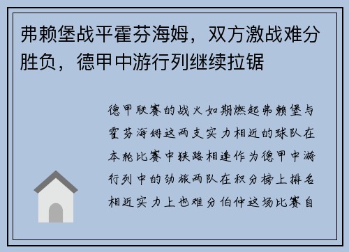弗赖堡战平霍芬海姆，双方激战难分胜负，德甲中游行列继续拉锯