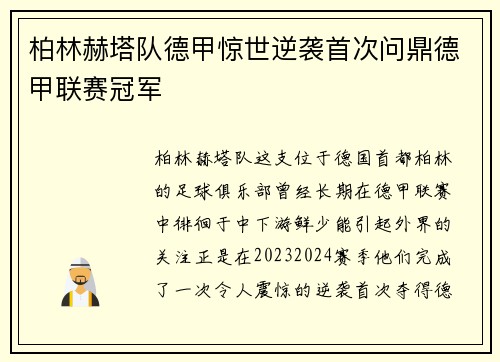 柏林赫塔队德甲惊世逆袭首次问鼎德甲联赛冠军