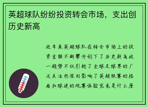英超球队纷纷投资转会市场，支出创历史新高